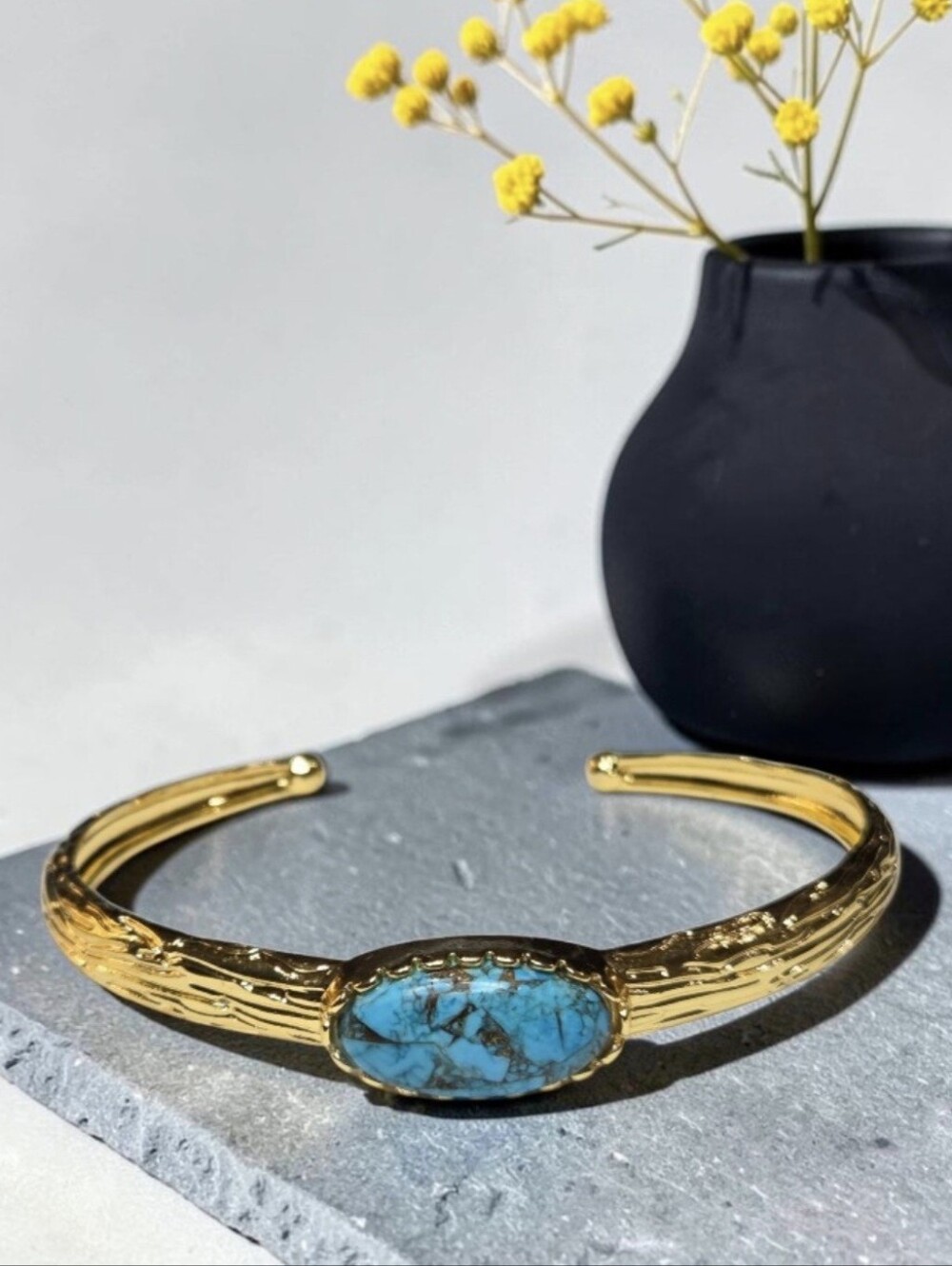 18k Gold Plated Artisan Textured Genuine Turquoise Stone Bangle Cuff Bracelet
